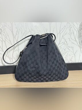 Authentic Gucci GG Canvas Black/Gray Shoulder Hobo Bag with Leather Trim